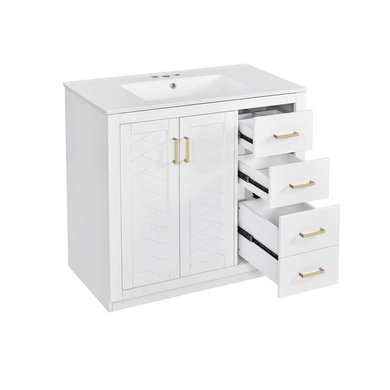 Meuble-lavabo de 36 po avec lavabo en céramique, armoire de rangement de salle de bain avec 3 tiroirs et portes à fermeture douce