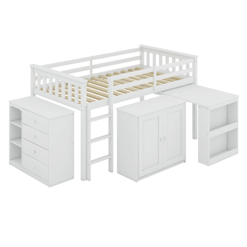 Twin Loft Bed With Drawer And Shelf Cabinet And Pulling-Out Desk, White