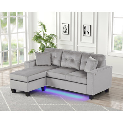 Canapé modulaire réversible en velours gris de 74 po Sorenza avec lumière DEL, port USB, garniture cloutée, coussins décoratifs, coussin touffeté