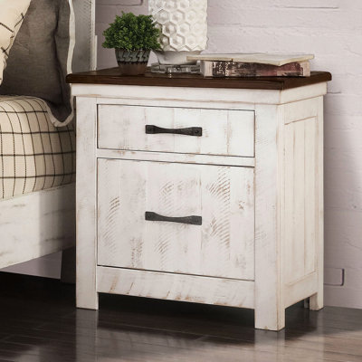 Table de chevet 2 en bois massif de style transitionnel avec finition blanche vieillie, noyer, poignées arquées en laiton, tiroir à bijoux caché et plateau en feutre pour projet de chambre à coucher blanc, compartiment de tiroir en métal,