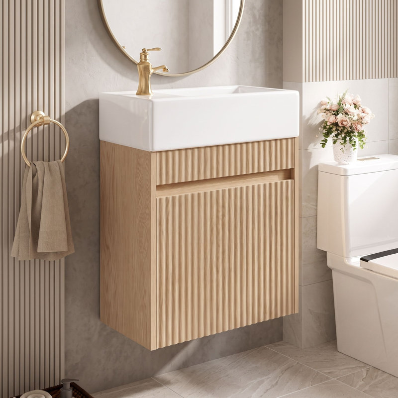 Meuble-lavabo mural avec lavabo en résine, charnières à fermeture douce et rangement sous lavabo