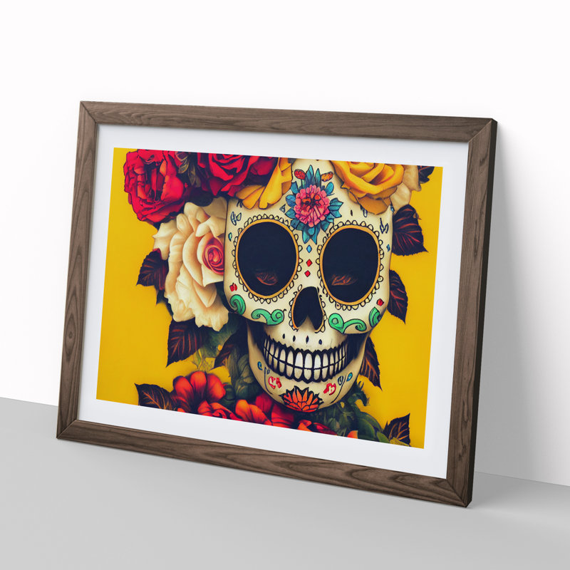 Magnificent Floral Sugar Skull 1 Piece Single Picture Frame Wall Art, 46cm H x 64cm W x 2cm D, Walnut