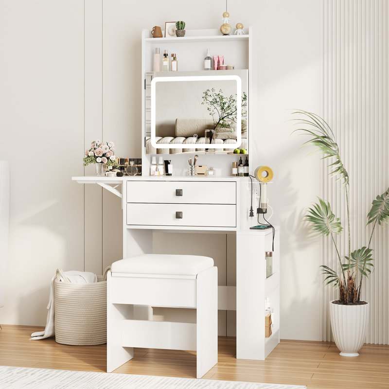 Petit bureau de coiffeuse avec 3 miroirs lumineux réglables, Blanc