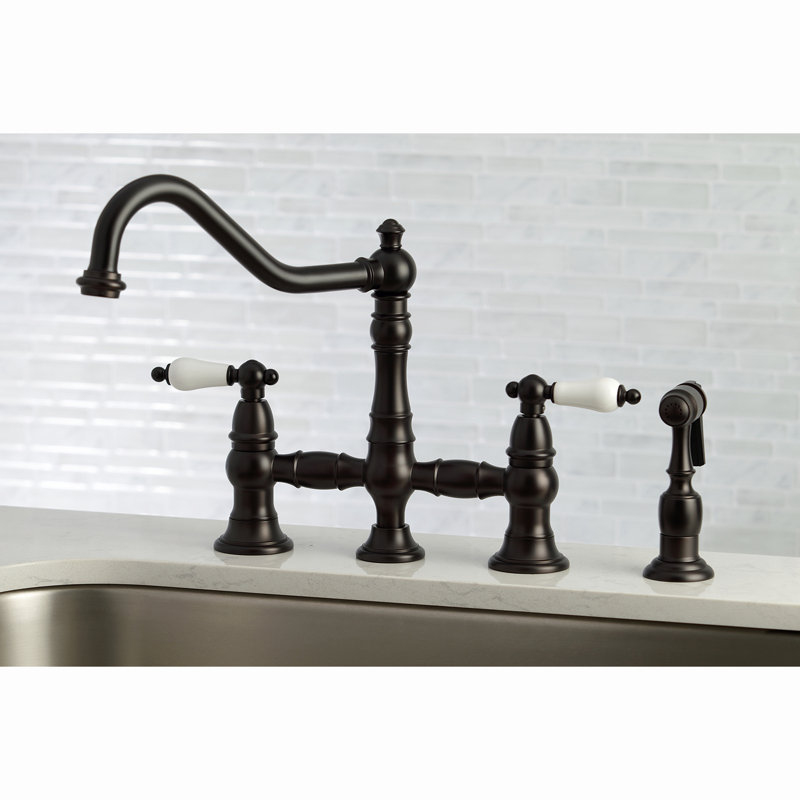 Kingston Brass Restoration Two-Handle 4-Hole Deck Mount Bridge Kitchen Faucet with Brass Side Sprayer, Oil Rubbed Bronze
