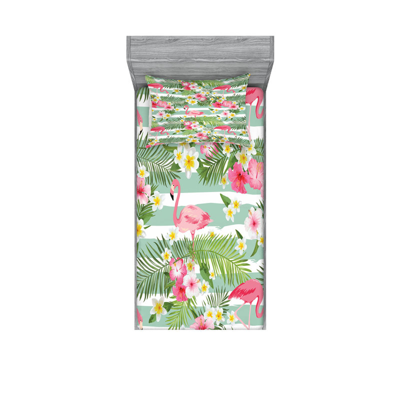 Drap-housse et coussin décoratif Ambesonne Flamingo vert rose blanc, Ensemble de draps pour lit simple + 3 pièces supp