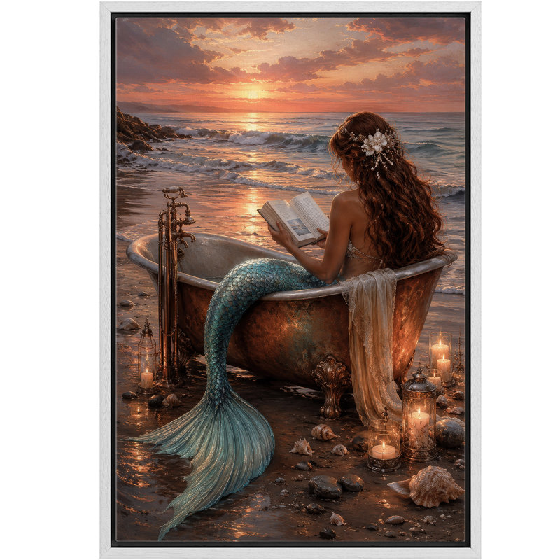 «Mermaid Reading in Bathaign Ocean Fantasy», reproduction d'art sur toile encadrée dans la chambre principale, White