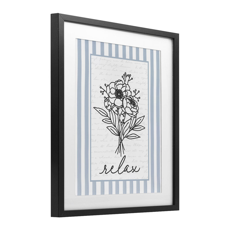 «Relax» rayé, fleurs de bain encadrées, imprimée sous verre, Cadre noir minuit, H 16 po x l 13 po