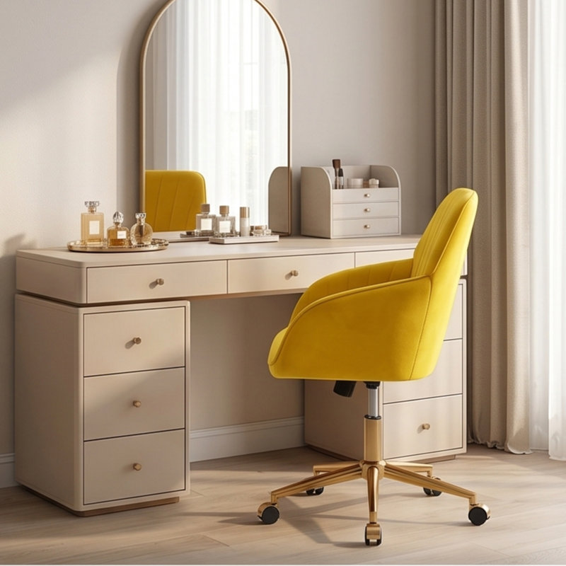 Adjustable Office Chair, Armchair, Swivel Chair With Metal Base, Beige, Gold