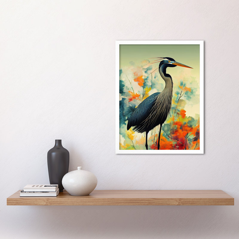 Heron Bird Abstract Flower Field - No Frame Rectangle Print, 43cm H x 33cm W x 2cm D, White Framed Unframed