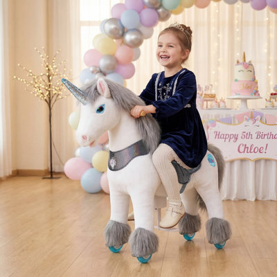 PonyCycle - Licorne rose à cheval sur un animal en peluche (35,4 po de taille 4, 4 à 7 ans), cheval d'équitation intérieur / extérieur, modèle avancé Y452