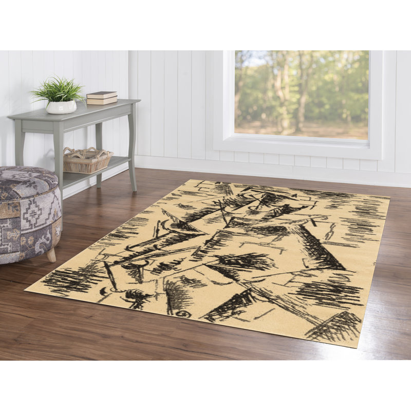 Tapis noir / beige à motif abstrait Baylen, Rectangle 5 pi x 7 pi 6 po