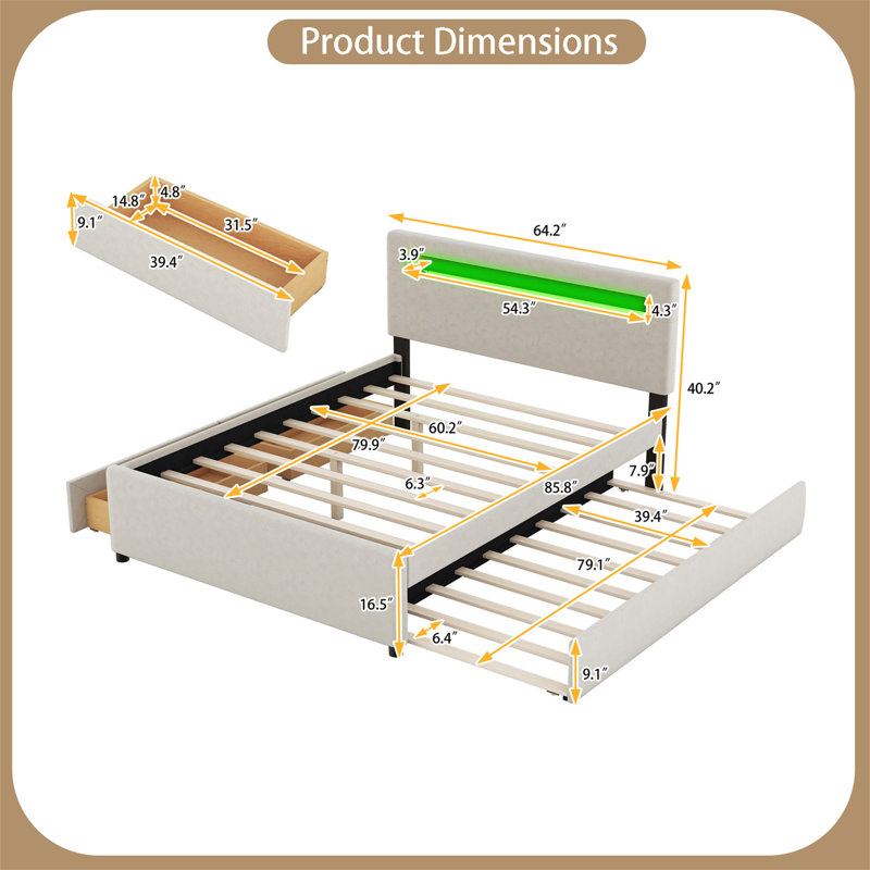 Irtu Upholstered Storage Bed, Beige