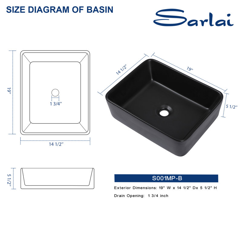 19" L x 15" W Ceramic Rectangular Vessel Bathroom Sink, Black