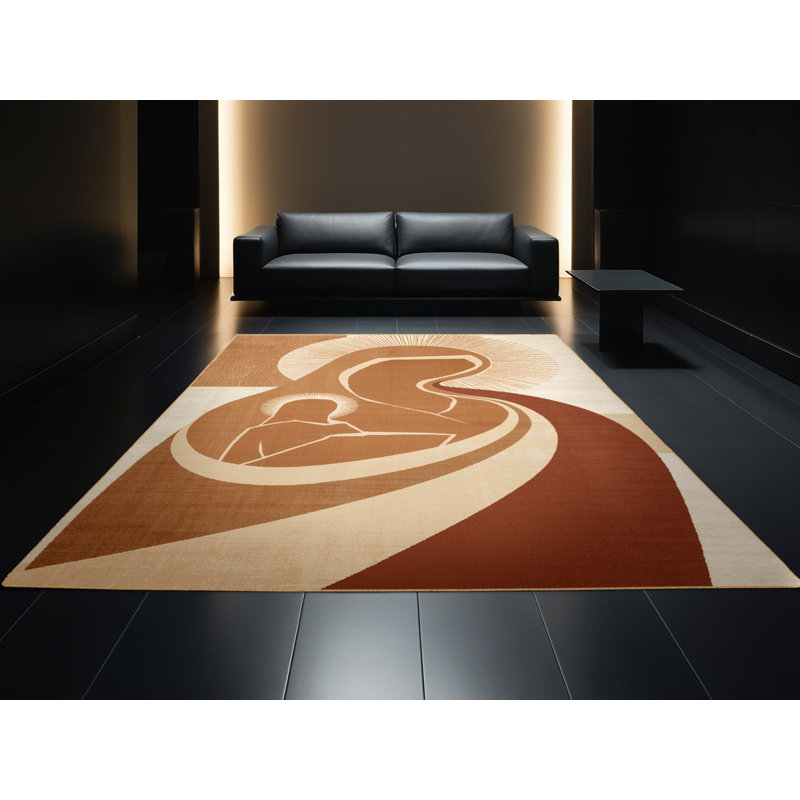 Tapis abstrait moderne et contemporain lavable à la machine en brun - reliure brun clair, 5 x 8