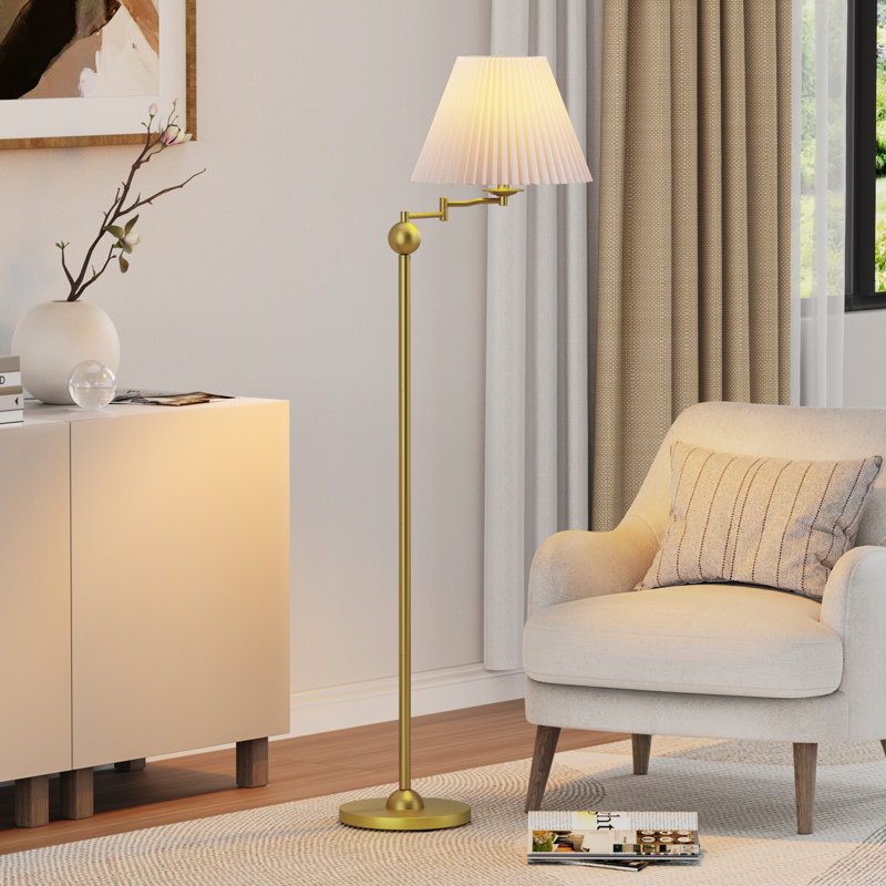 64.25" Brass Modern Swing Arm Floor Lamp Metal Body Foot Switch Linen Drum Shade Tall Standing Corner Lamp for Living Room Bedroom Reading