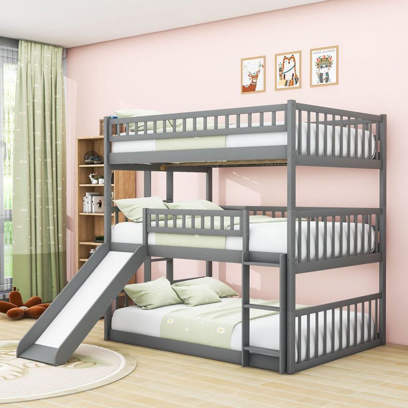 Etleva Full Over Full Over Full Triple / Quad Bunk Bed with Slide, Gray