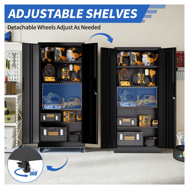 71 Inch Heavy Duty Garage Storage Cabinet with Wheels and Lock, 4 Adjustable Shelves Metal Rolling Cabinet for Tool Organization in Garage, Workshop, Office