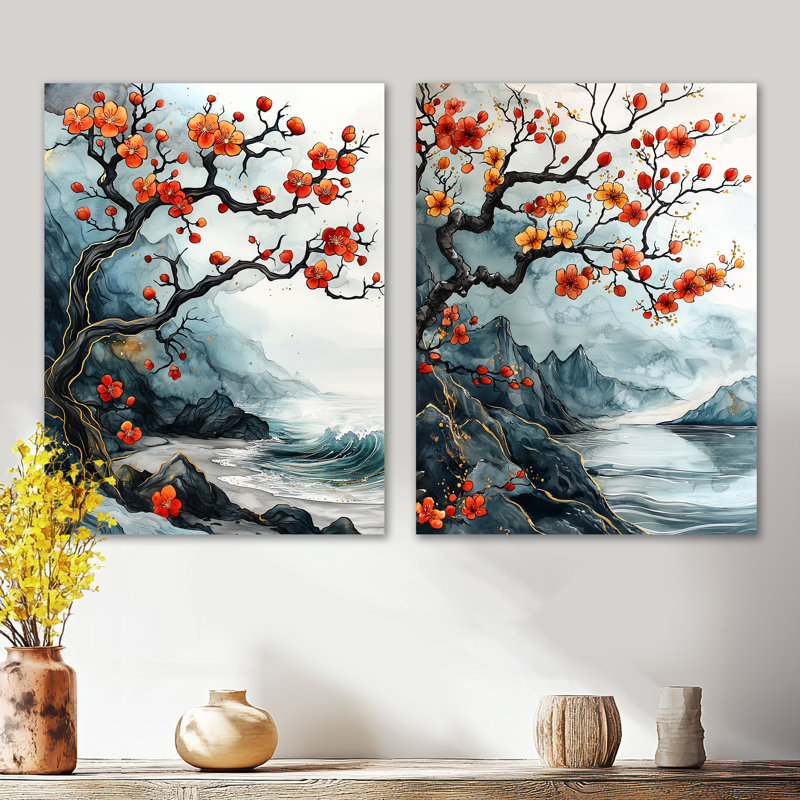 Blue Cherry Blossom Branch in China I - Garden, impression d'art mural en métal 2 pièces, 32" H x 48" W