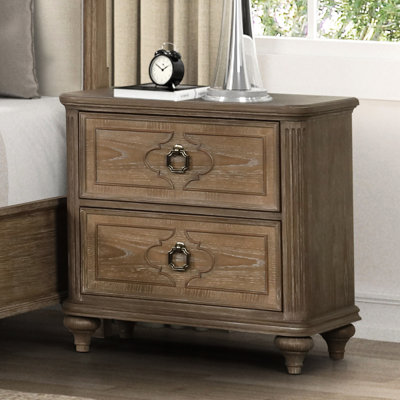 Rustic Oak Color 1Pc Solid Wood Bedside Cabinet With 2 Drawers, Ports, - Bearing Glide, Felt Lined Drawer For Functional Bedroom Contemporary Table Of Veneer, Wood, A And C, Easy Assembly Styling