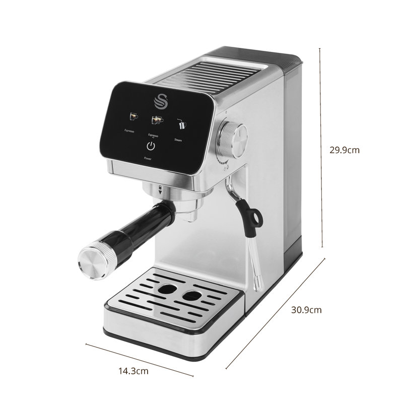 Swan SK22153 Mini Digital Espresso Coffee Machine, Digital Touch Controls with 3 Pre-Sets, 20 Bar Pressure, Built-in Milk Frother, Compact Design.