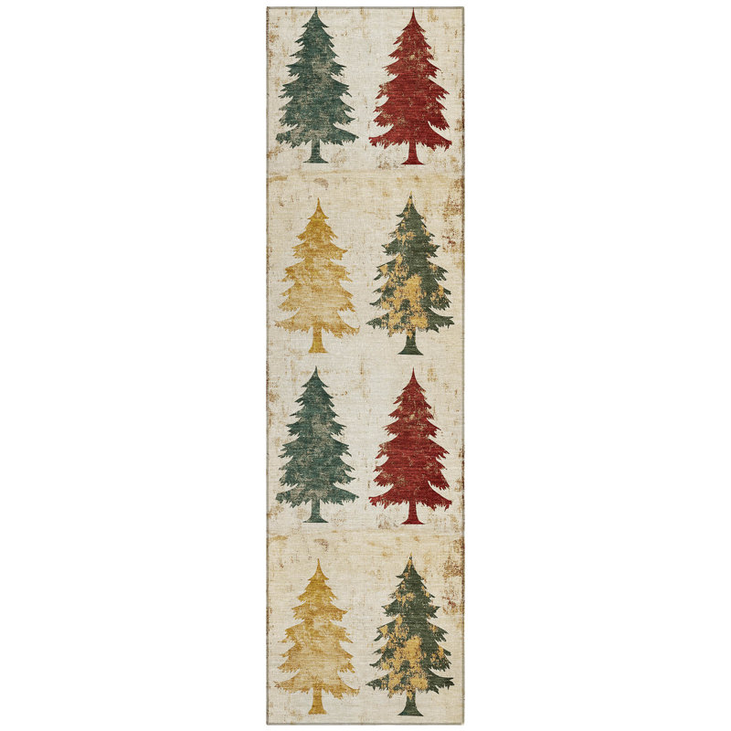 Machine Washable Indoor/Outdoor Christmas Tree Xhevrie Ivory Rug, Runner 2'3" x 7'6"