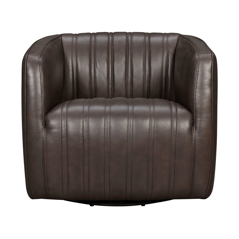 Dingeman 31.12" Wide Top Grain Leather Swivel Barrel Chair, Espresso Genuine Leather