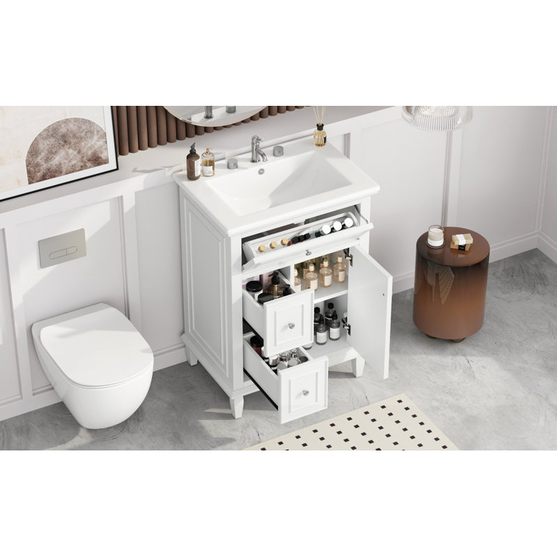 Armoire de salle de bain avec un tiroir rabattable et deux tiroirs, Blanc