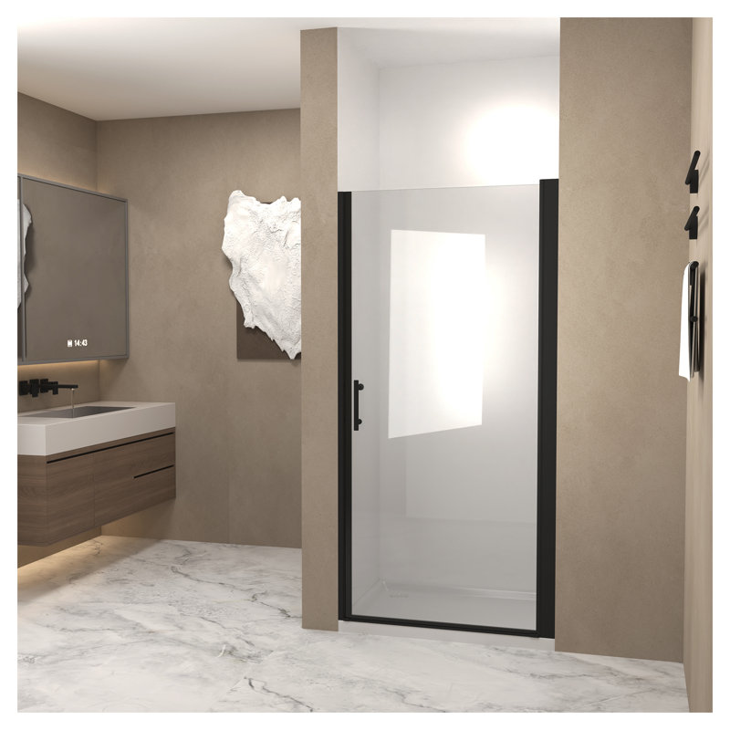 Porte de douche pivotante noire 30 po x 72 po - Verre trempé de 6 mm avec film antidéflagrant, demi-cadre en aluminium et poignée en acier inoxydable
