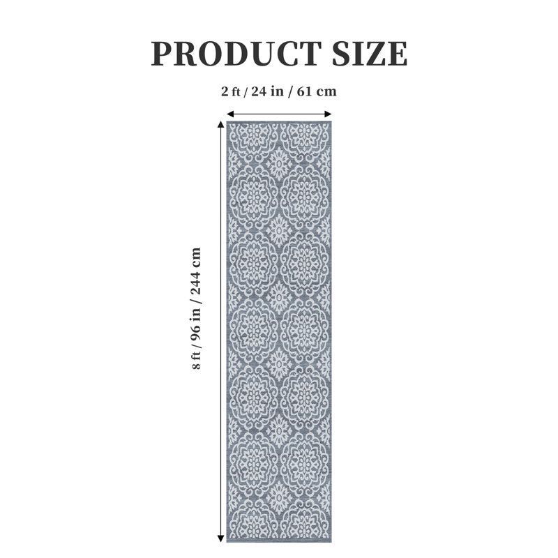 Tapis de couloir floral bleu et blanc d'inspiration bohémienne au design classique, durable et antidérapant