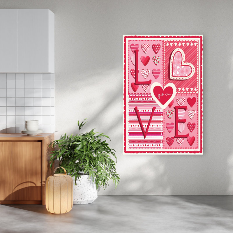 «Love You», art mural abstrait fantaisiste romantique, 60" H x 40" W