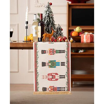 Multicolored Nutcracker Fringe Holiday Table Runner Soldier Print Festive Table Cover 14" W