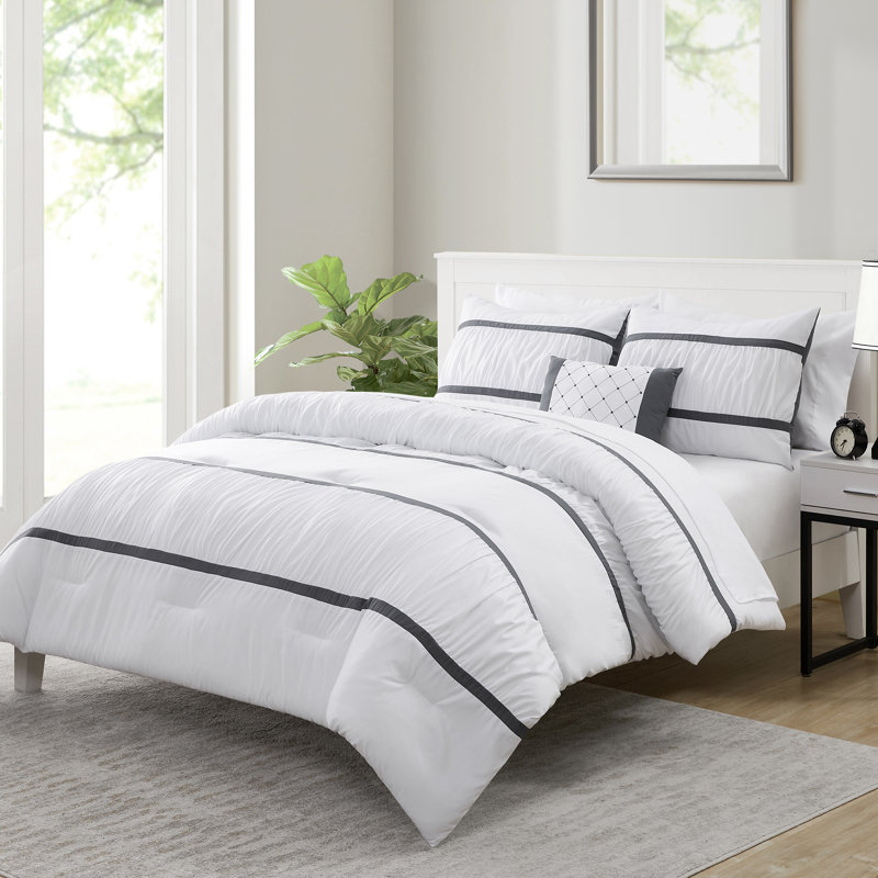 Trisha Ruched Stripes Bed-in-a-Bag Comforter Set, Queen Comforter + 7 Additional Pieces, White