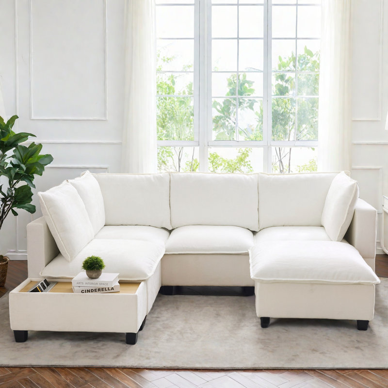 U-shaped Sectional Sofa Couch With A Movable Ottoman And A Coffee Table With Hidden Charging Devices, White