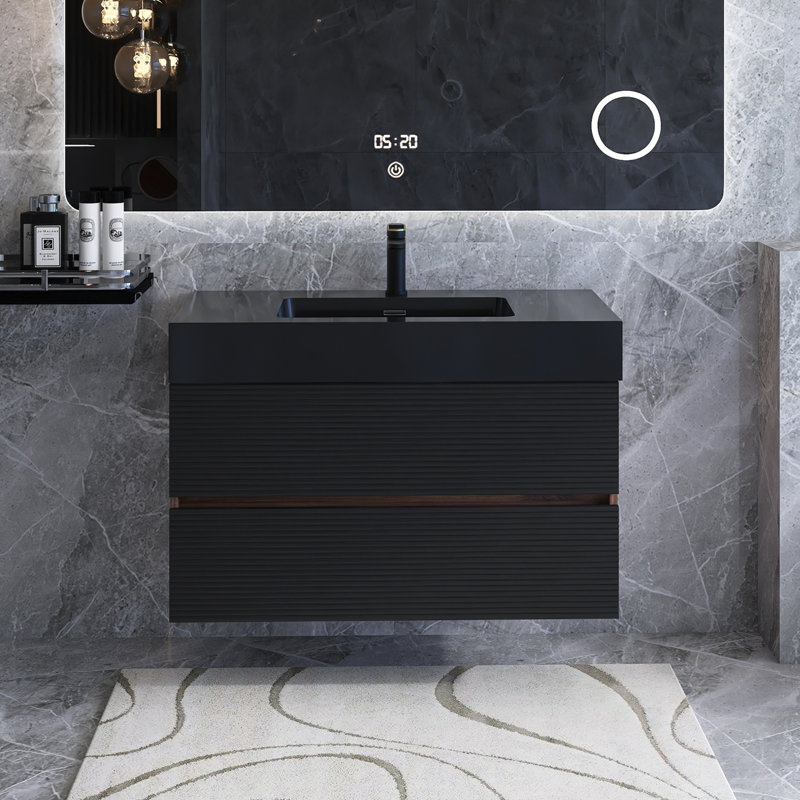 Modern Wall Mounted Bathroom Vanity With Solid Surface Sink And Drawers, 36", Black