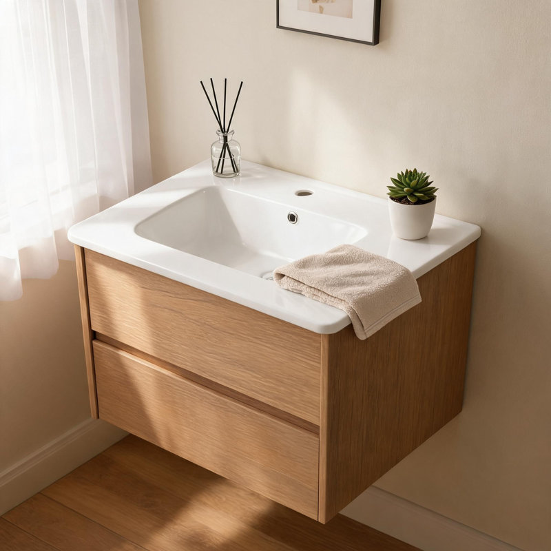 Vasque de salle de bain en céramique blanc laiteux de 61 cm (24 pouces) avec trous pré-percés pour robinetterie à entraxe centré