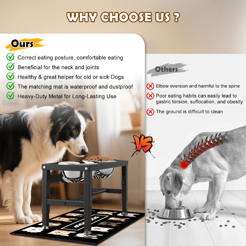Support pour gamelles de chiens de grande race, réglable en hauteur (3 niveaux) – Gamelles de 1 700 ml, tapis anti-déversement et étiquette personnalisable