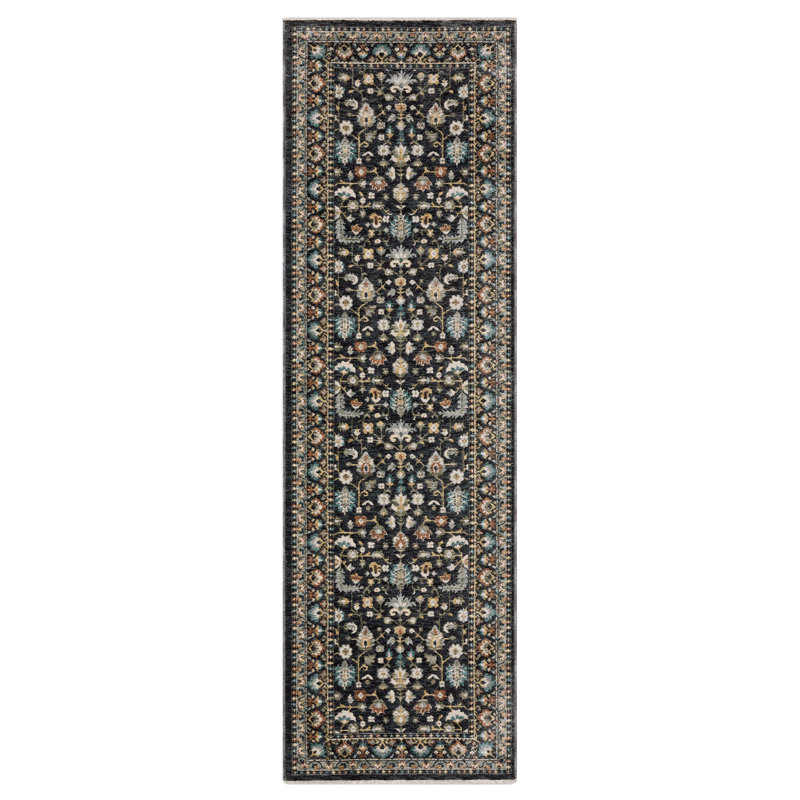 Caia Traditional Floral Border Blue/ Multi Area Rug, Runner 2'3" x 7'9"