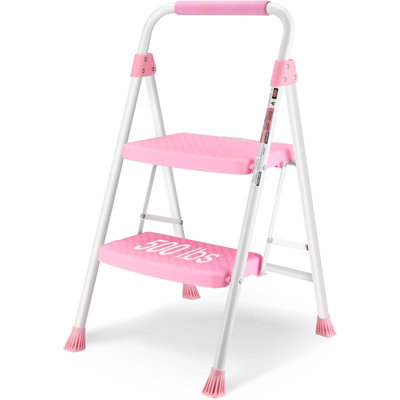 2 Step Ladder, Folding Step Stool For Adults With Wide Anti-Slip Pedal, 500 LBS Capacity, Lightweight, Portable Steel Step Stool With Convenient Handrail, Pink