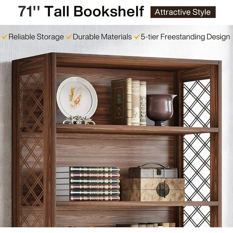 70.8" 6-Tier Vintage Brown Mid-Century Bookcase For Living Room, Office, Bedroom