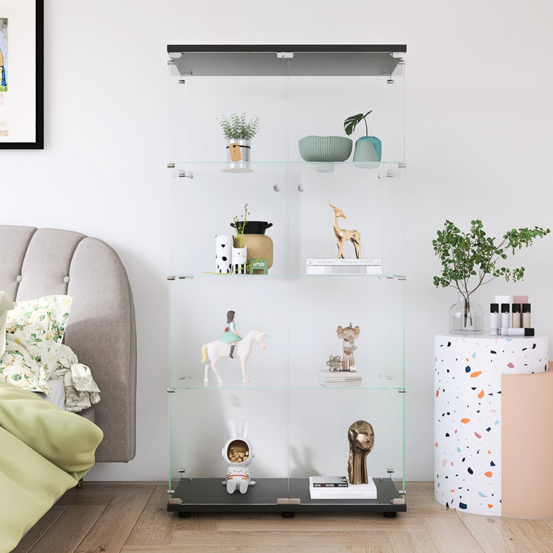 Vitrine à 4 tablettes avec deux portes, 64,7 po x 31,7 po x 14,3 po, noir pour le bureau de la chambre à coucher du salon - Étui de la collection Elegant, noir, 64,7 po x 31,7 po x 14,3 po