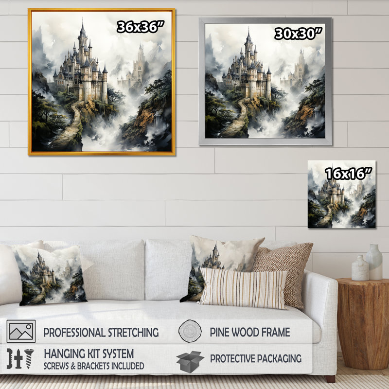 Foggy Fairytale Castle - Art mural fantastique pour le salon, Cadre flottant noir, H 30 po x l 30 po x P 1,5 po
