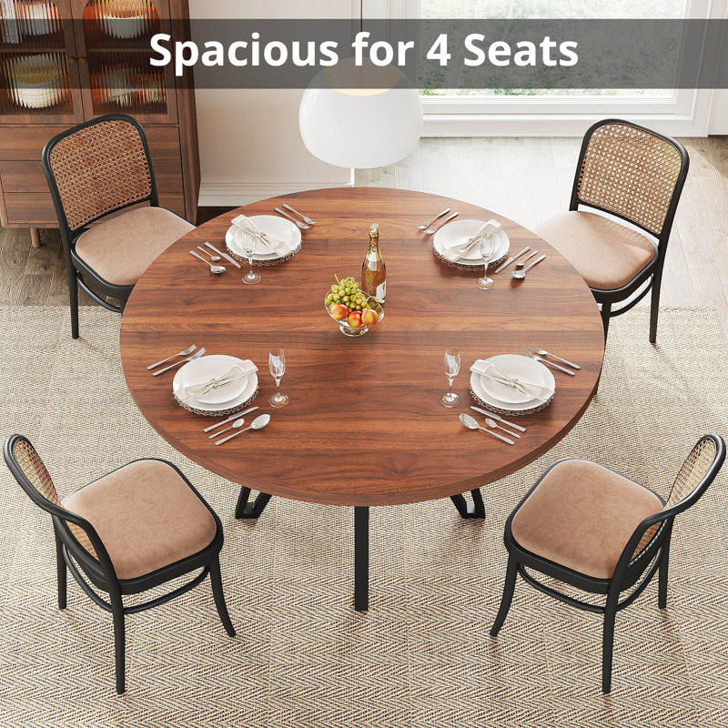 47.2 Inch Round Dining Table For 4, Kitchen Table With Rattan Storage Shelf, Walnut, Walnut