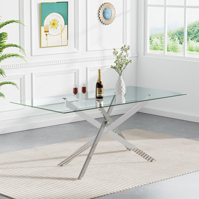 Glass Dining Table for 6, Modern 60" Rectangular Kitchen Dining Room Table for 4-6 with X-Shape Metal Base Large Clear Glass Top Dining Tables for Home Kitchen