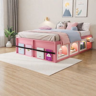 Lit plateforme en bois rose blanc compact avec rangement à DEL