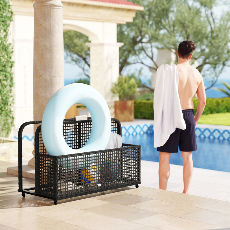 Outsunny 43.25'' W 110 Gallons Water Resistant Wicker Cabinet Deck Box with Wheels, Dark Gray