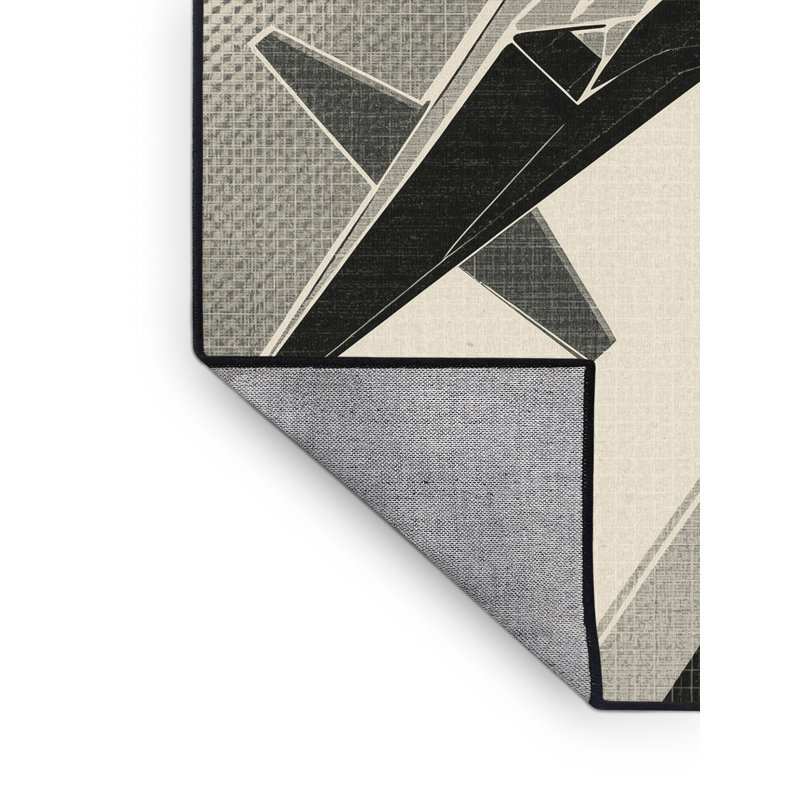 Machine Washable Vehicles And Transportation Paratrooper Aircraft Modern Geometric Rug in Beige – Black Binding, 8x12