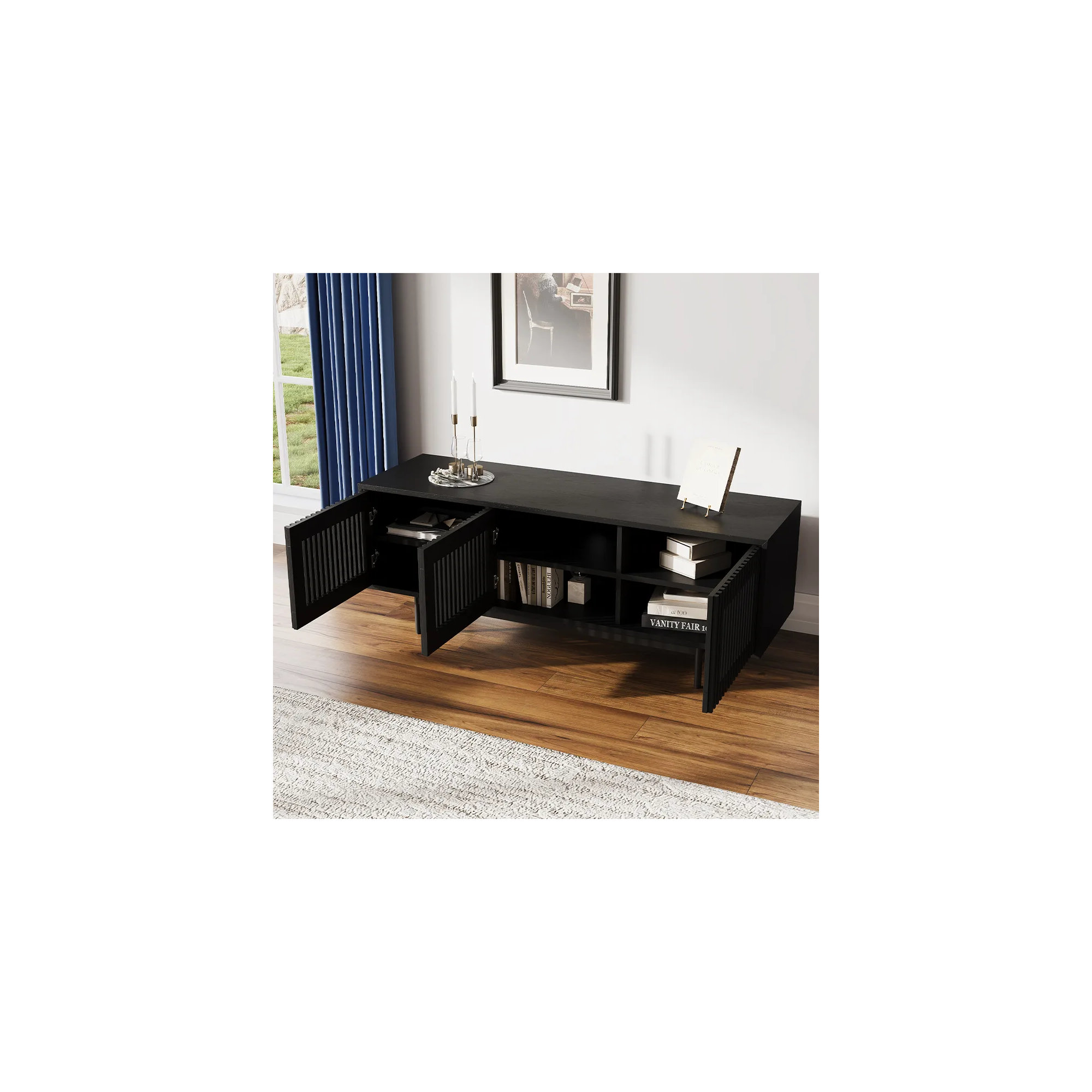 Mid-Century Modern TV Stand, Black, 21.26" H x 59" W x 18.89" D