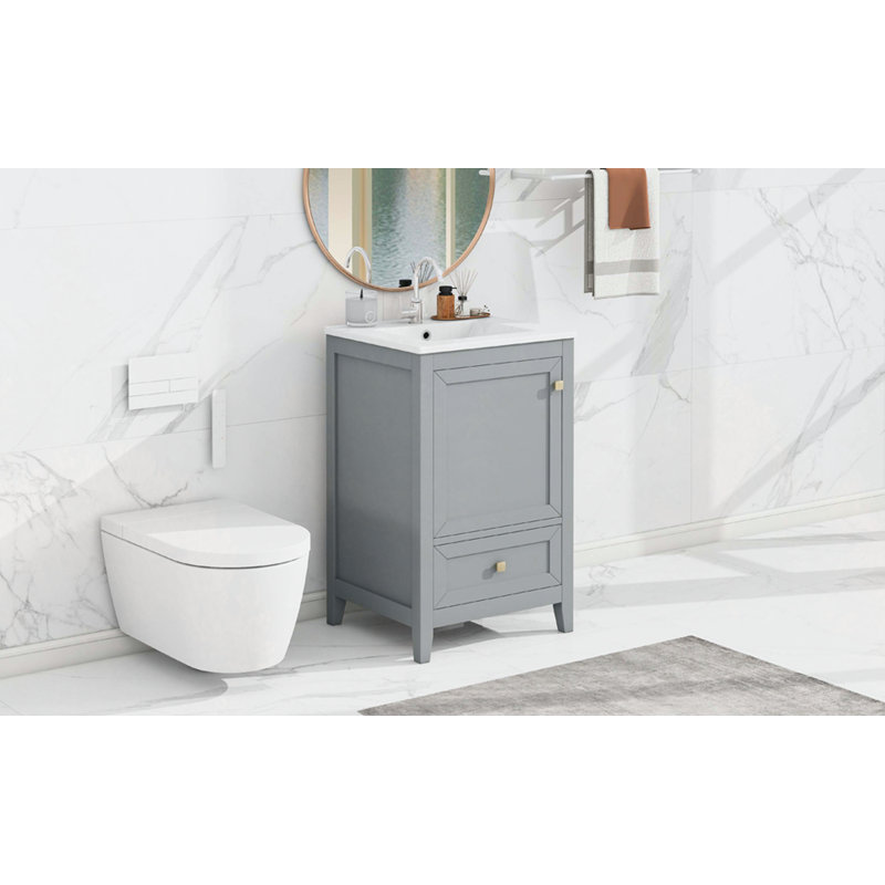 Gray MDF Freestanding Bathroom Vanity with White Ceramic Sink