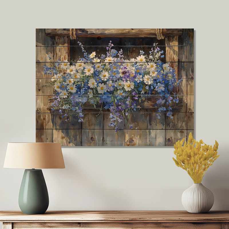 Breezy Meadow Bouquet At The Barn I - Assortiment de bouquets de bois, art mural - sur bois de pin naturel