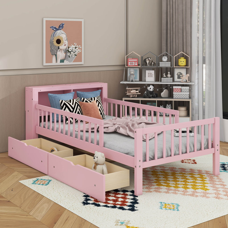 Lit simple avec support de tête de lit, deux tiroirs sous le lit et sécurité, Rose